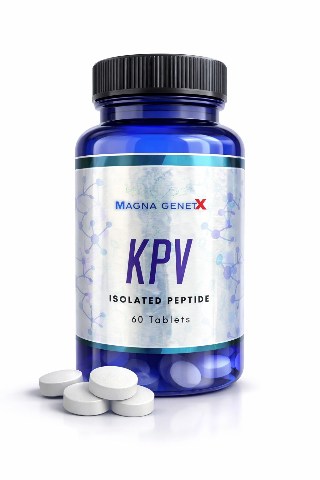 Blue bottle of Magna GenetX KPV Isolated Peptide with white tablets on a white background