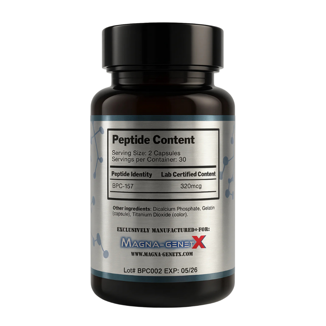 Bottle of peptide supplement with label on a white background