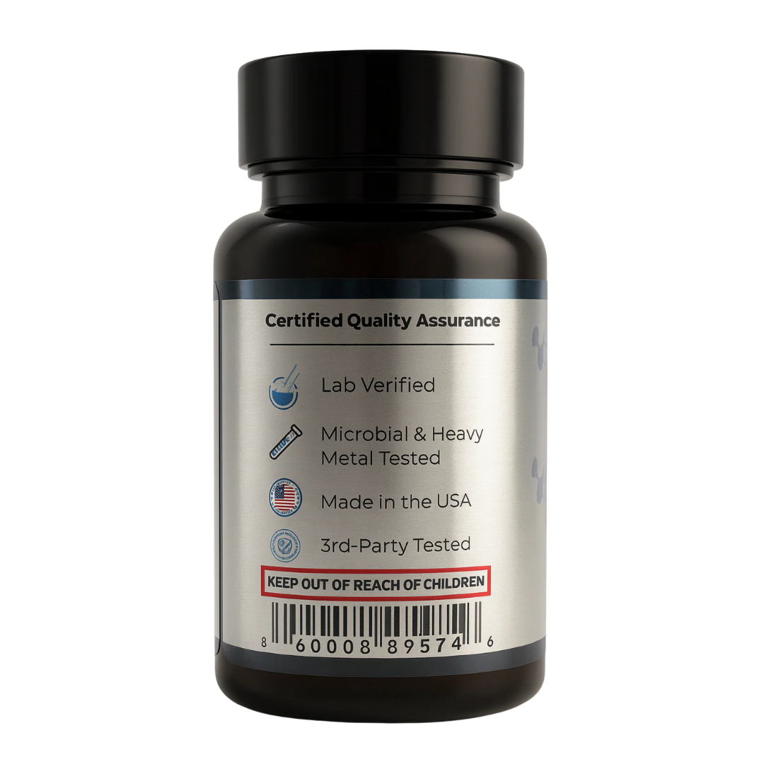 Black supplement bottle with a label on a white background
