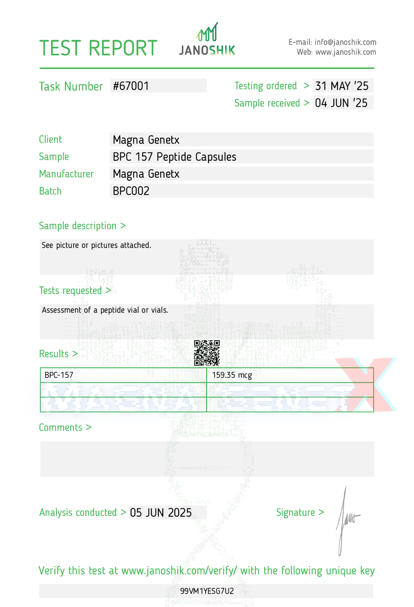 Test report for BPC 157 Peptide Capsules from Janoshik with client, sample, and batch details.