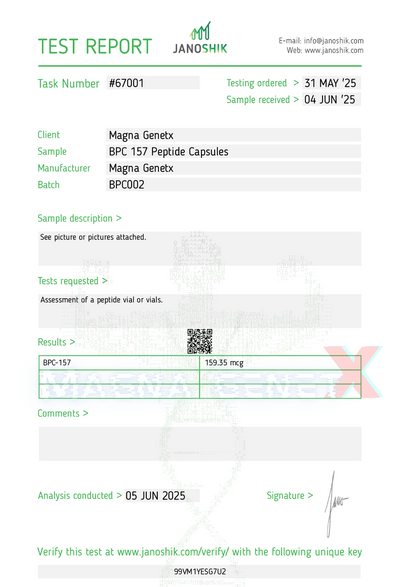 Test report for BPC 157 Peptide Capsules from Janoshik with client, sample, and batch details.