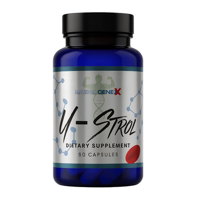 Magna Genex Y-Strou dietary supplement bottle on a white background